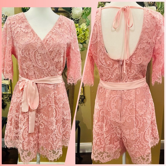Francesca's pink lace romper long sleeve and shorts with belt and ties in back. - Picture 3 of 7
